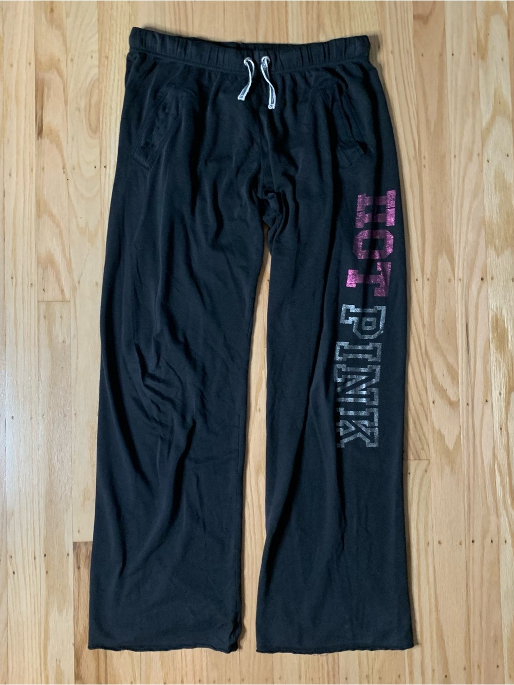 Y2K Victoria's Secret PINK Black Sweatpants with 'HOT PINK' Text